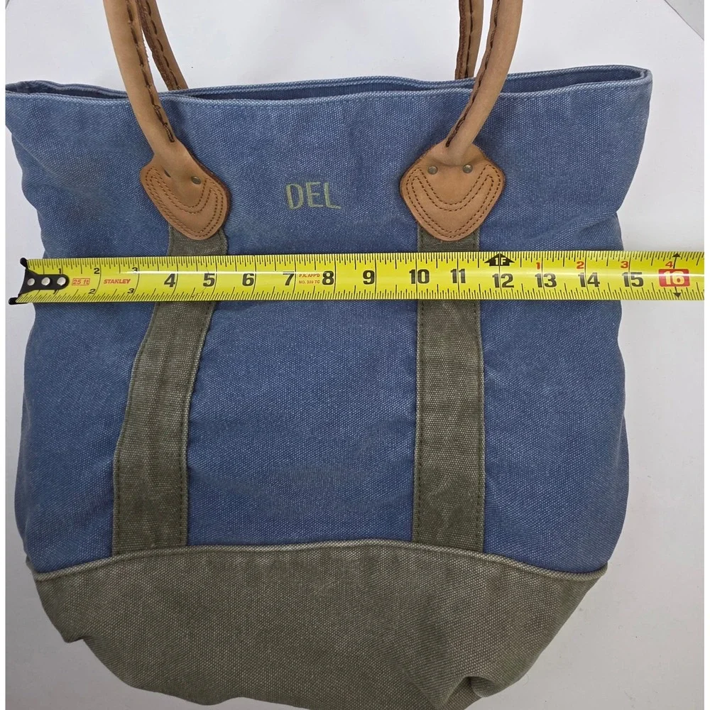LL Bean Canvas Tote Bag Blue Olive Green Leather Handles Plaid Lining Monogram - Picture 5 of 6